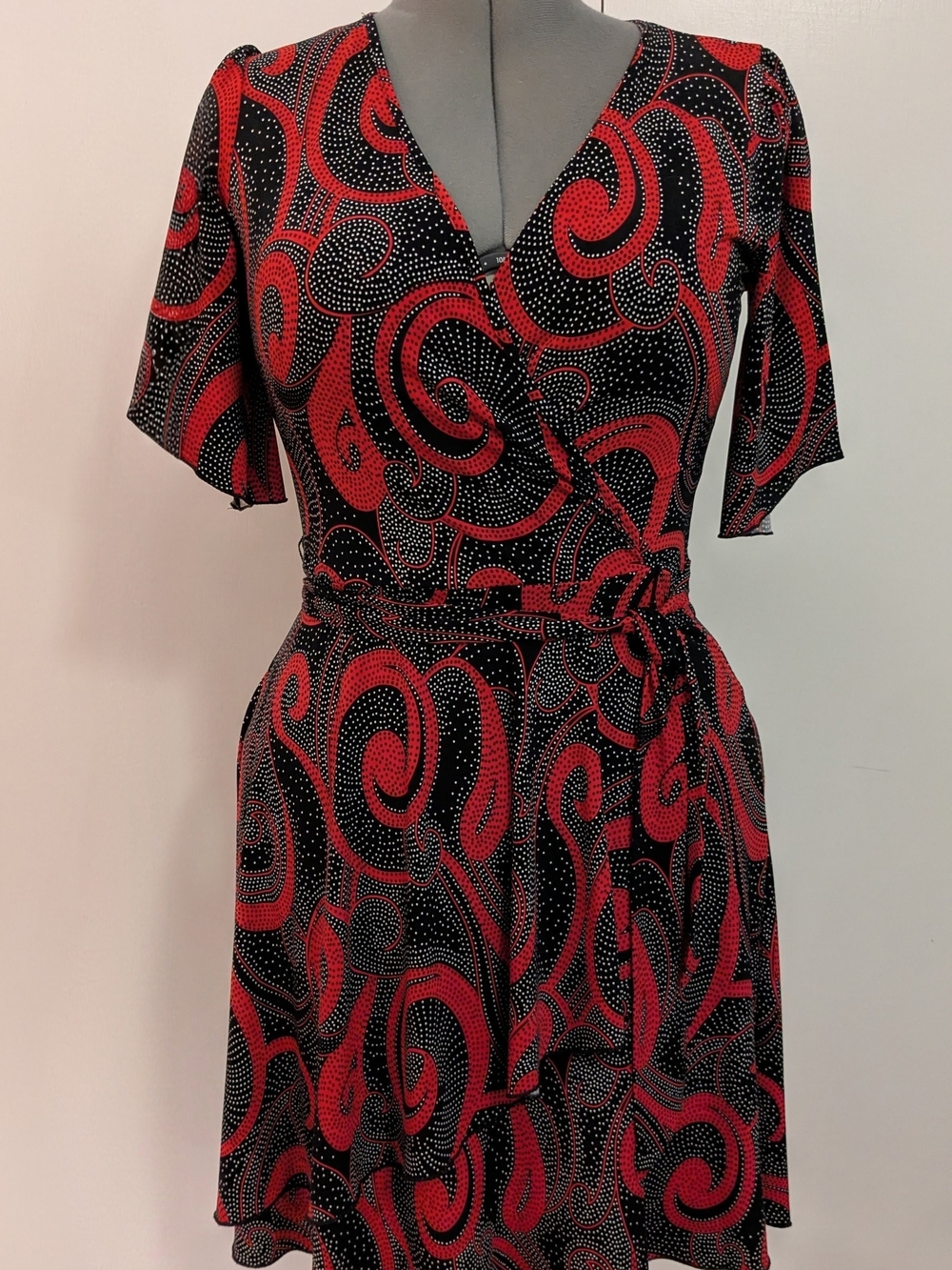 Red & Black Wrap Dress with Swirl Print